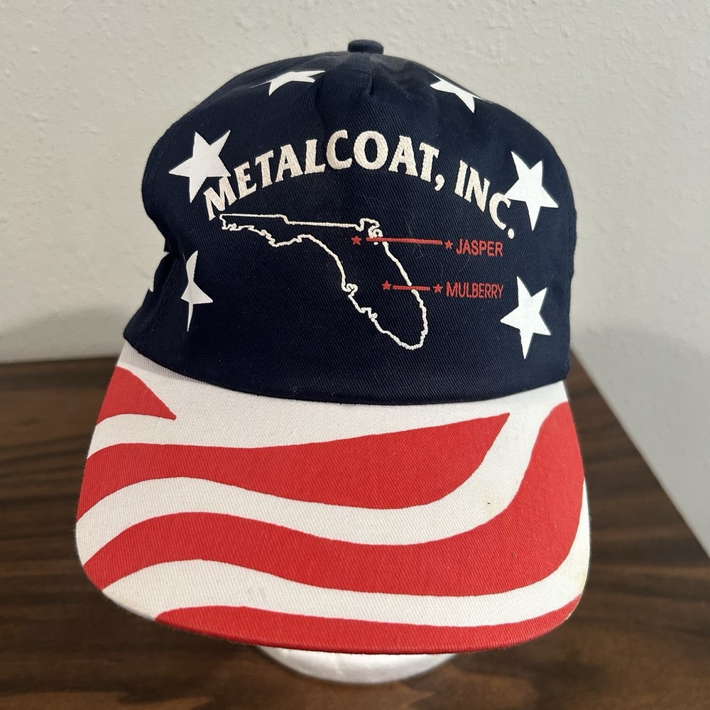 Vtg Metalcoat Inc FL USA Flag Stars Stripes Hat Cap Red White Blue Industrial